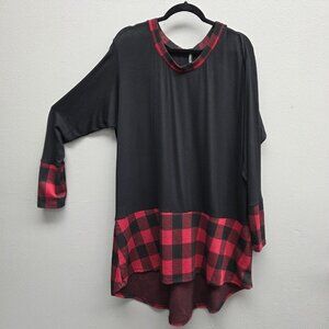 Poliana Plus Shirt Womens 2XL Black Red Buffalo Plaid Tunic Long Sleeve Hi-Low